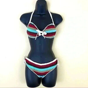 Hotkiss Knitted Striped Spaghetti Strap Tie Accent Bikini Set Size M